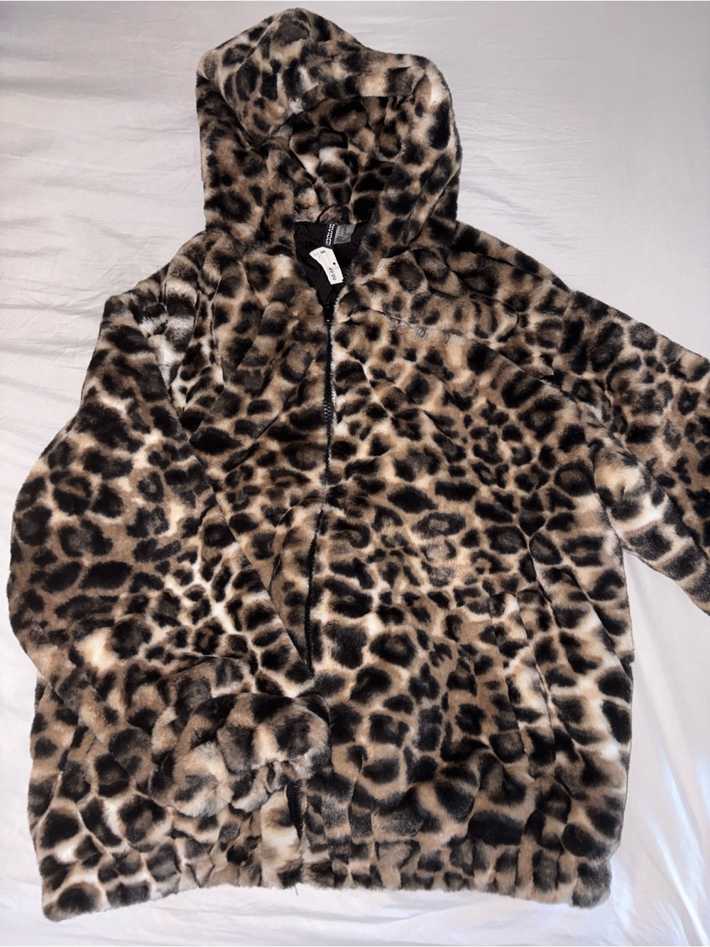H&M Brown and Tan Faux Fur Leopard Hooded Coat